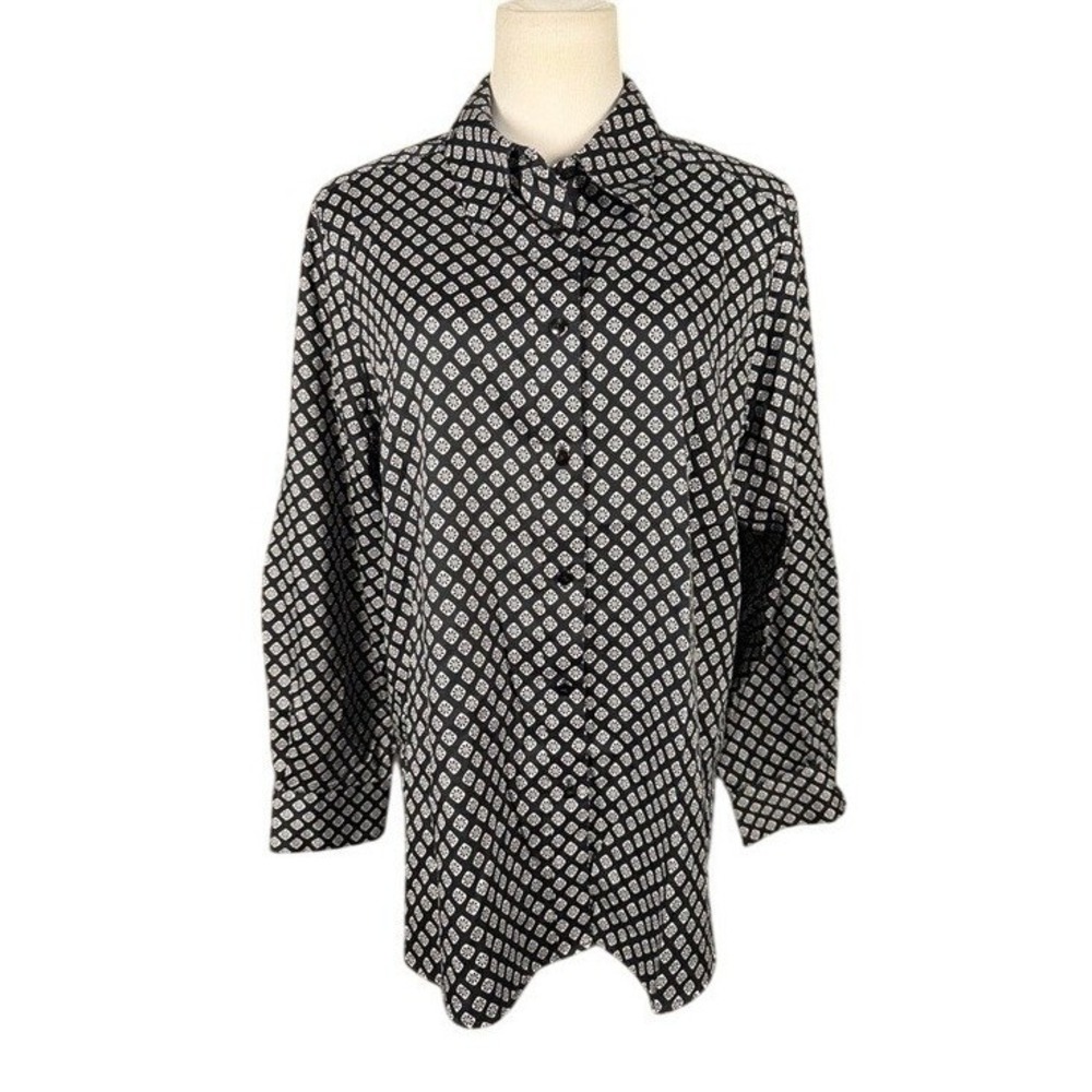 Foxcroft Womens 18W Wrinkle Free Shaped Fit Black White Geometric Button Down